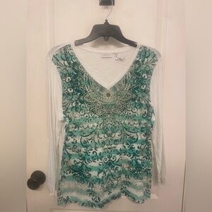 Chico's Green and White Long Sleeve Top
